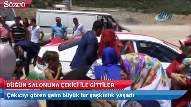 Gelin ve damadı düğün salonuna çekiciyle götürdüler