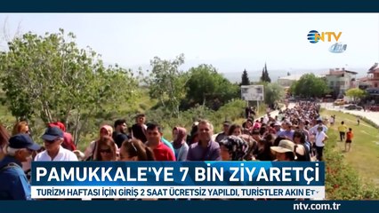 Giriş 2 saat ücretsiz oldu, 7 bin kişi ziyaret etti (Pamukkale'ye turist akını)