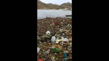 Waves of plastic trash wash ashore at the popular Mexican resort city of Cabo San Lucas on Wednesday. Locals have begun to gather and clean the beach. Environme