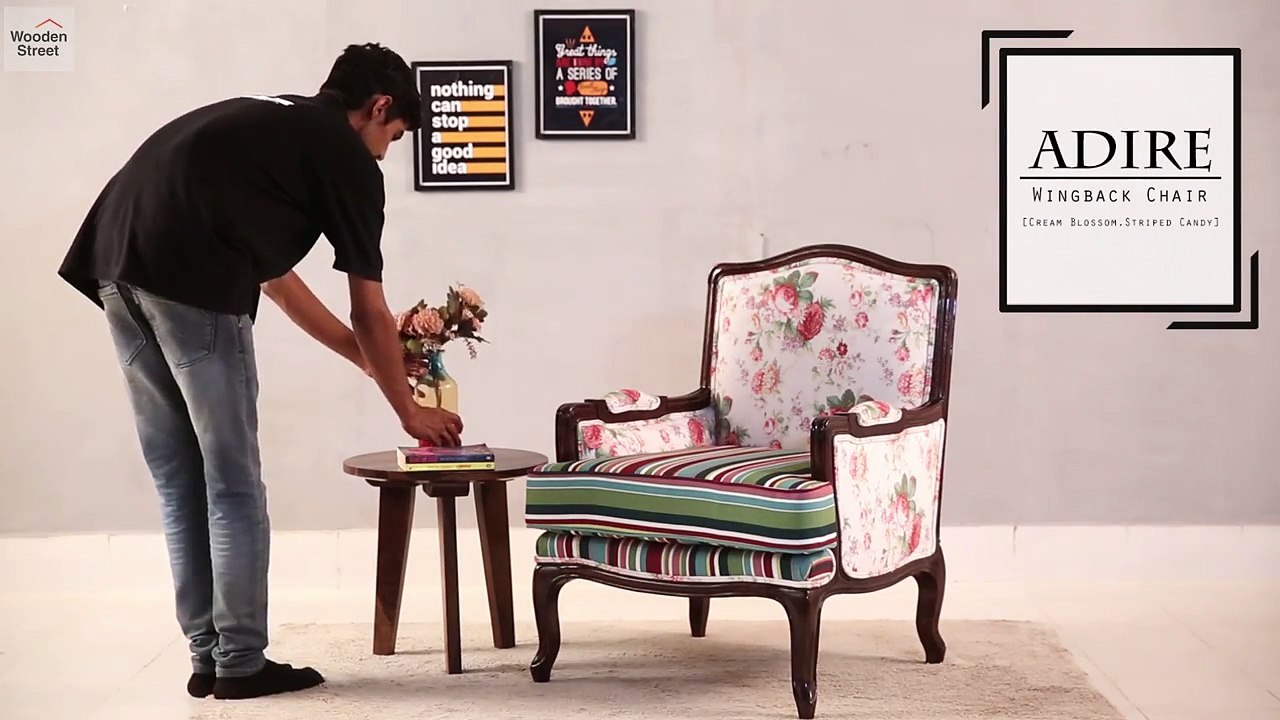 Wing Chairs - Buy Adire Wingback Chair (Cream Blossom, Striped Candy) @ Wooden Street