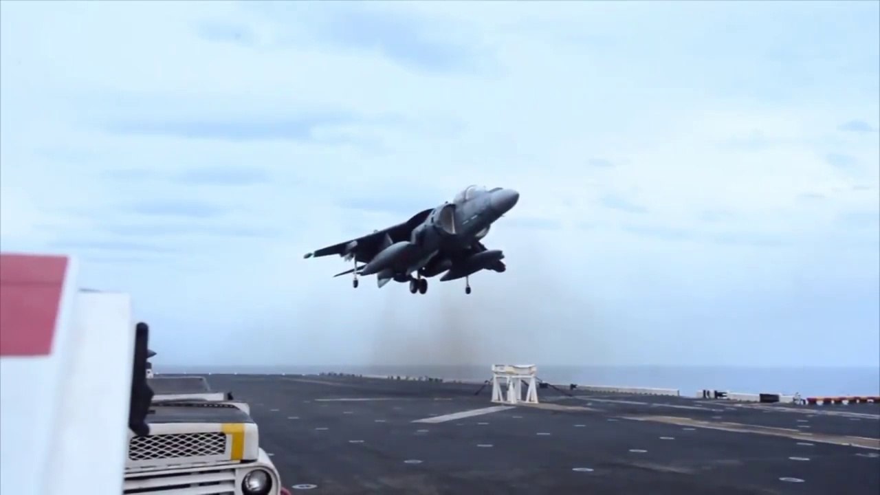 AV-8B Harrier no nose gear vertical landing on padded stool