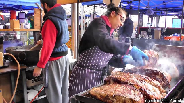 Huge Roast Beef, Flowing Melted Cheese, Roasted Potatoes. Street Food at Greenwich Market, London