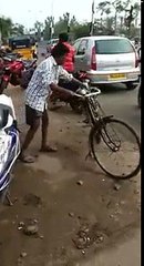 Drunk Man Trying Hard To Control A Cycle