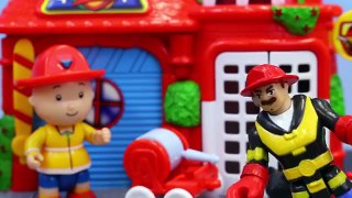 Peppa Pig Toy Meets Caillou and Imaginext Fireman Toys Visiting Firehouse with His Small F