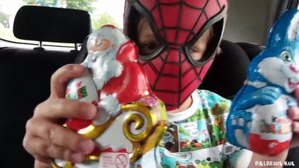 Playground Fun, Kinder Surprise Bunny and Santa: Opening in a Car by Spider Man