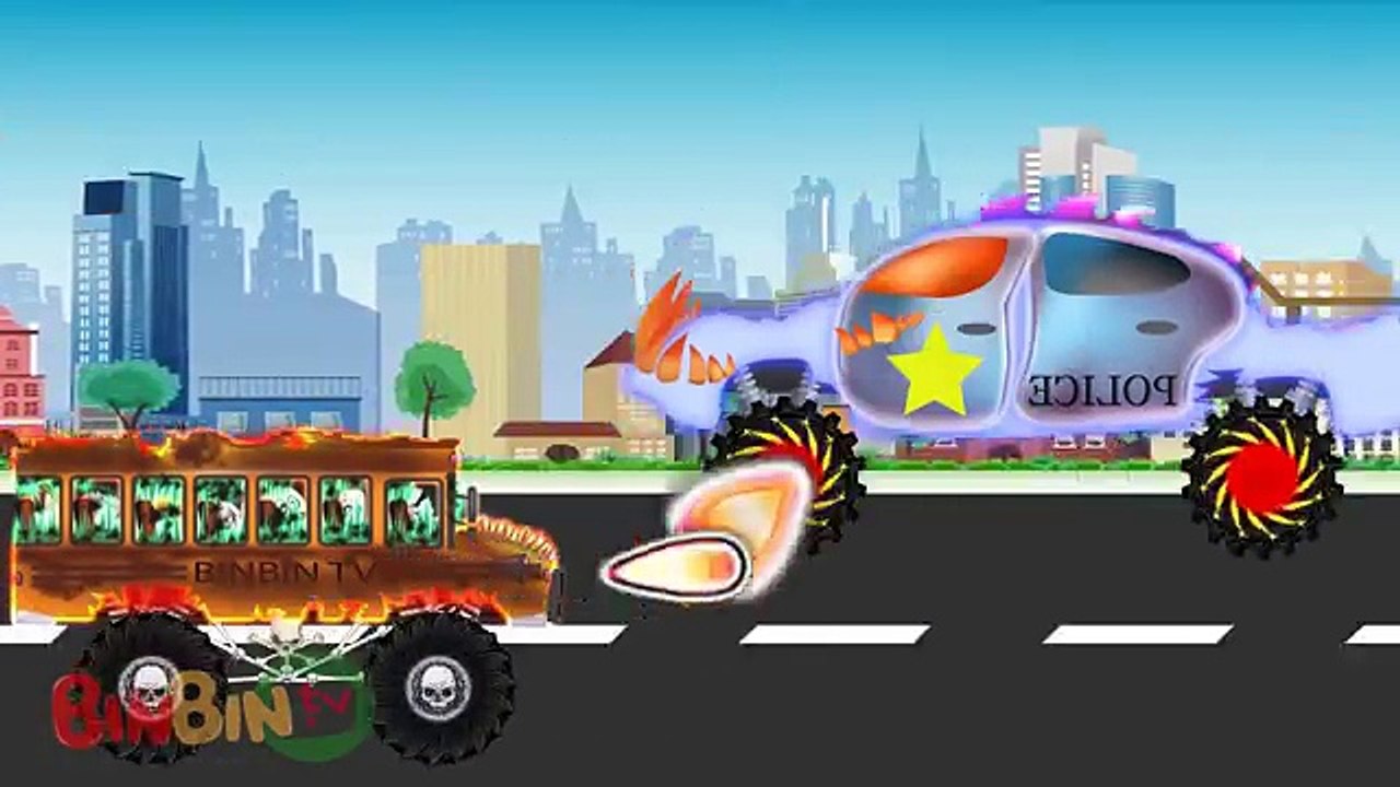 School Bus Vs Police Car Halloween Scary Monster Trucks For Children | Street Vehicles For