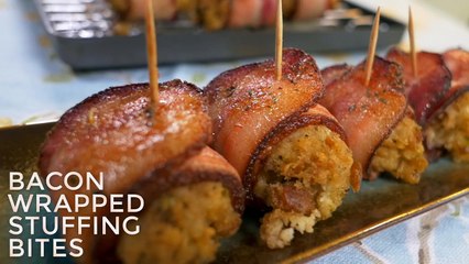 Thanksgiving recipe- Bacon-wrapped stuffing bites