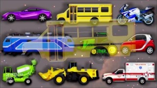 Learning street vehicles for kids. Cars and trucks: ambulance, bulldozer, school bus, trai