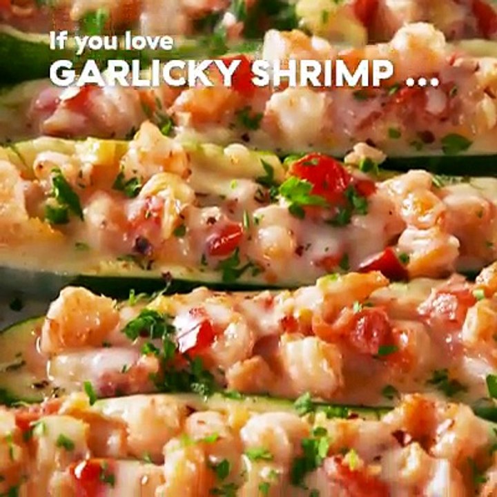 Garlicky Shrimp Zucchini Boats are low-carb, high flavor.Full recipe: