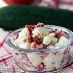 This BCT Bacon Cucumber Tomato Salad is absolutely delicious and really reminds me of the most delicious BLT sandwich.  Minus the bread and minus the lettuce, b