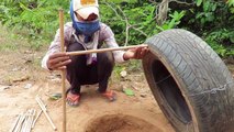 Amazing Quick Wild Pig Trap Using Car Wheel And Deep Hole - How To Make Wild Pig Trap Car Wheel
