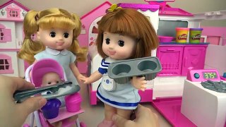 Baby doll food truck kitchen car toy and play doh cooking play