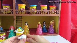 Princesas Disney Kinder ovos Play Doh Ariel Cinderela Bela Jasmine Branca de Neve Rapunzel