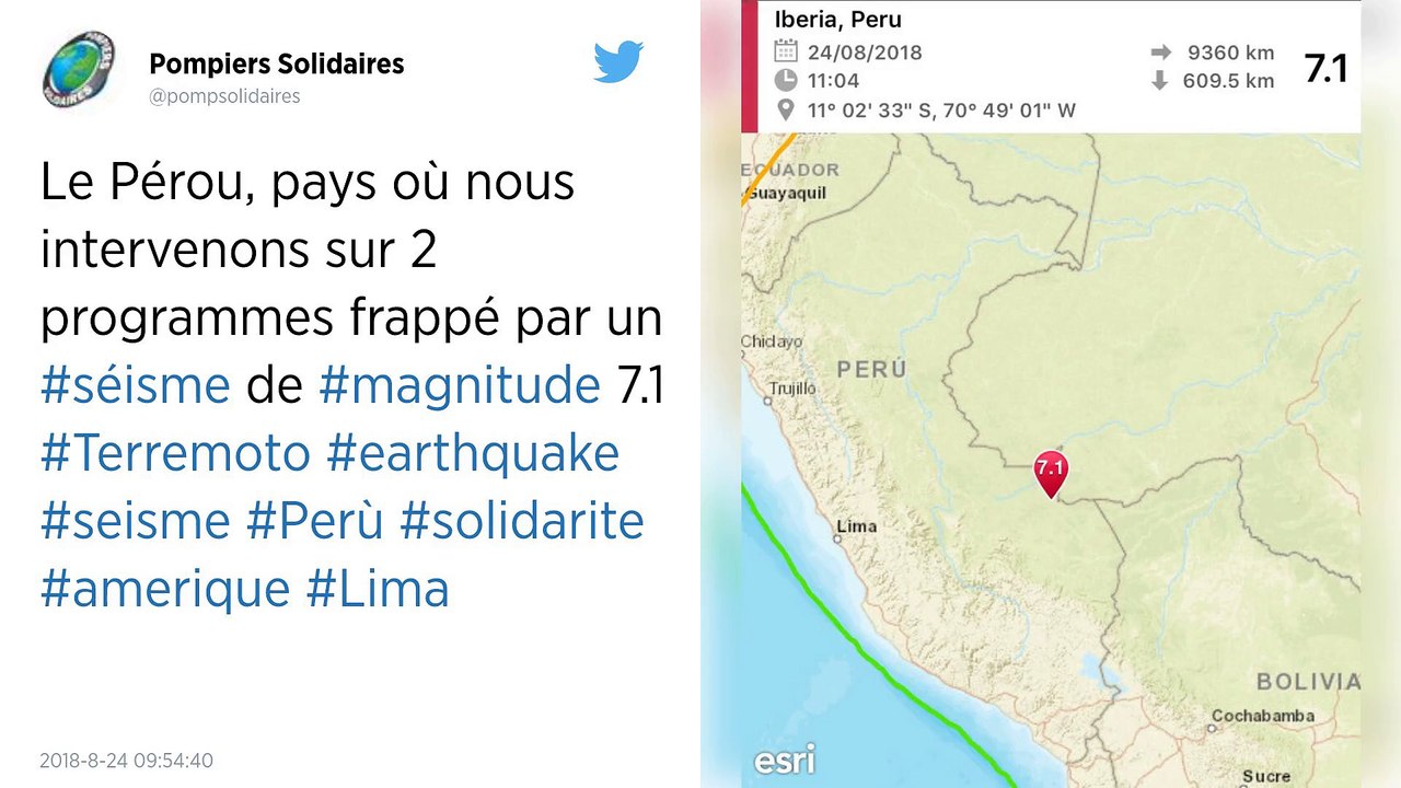 Pérou. Séisme de magnitude 7,1 près de la frontière avec le Brésil.