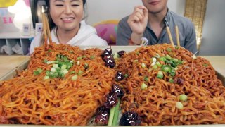NUCLEAR FIRE NOODLES + WORLD'S HOTTEST CHOCOLATE ft. ARIA  | MUKBANG