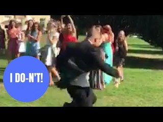 Hilarious footage shows man doing a runner after his girlfriend catches bride's bouquet