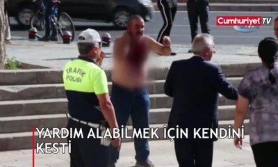 Valilik önünde kan donduran anlar! Kendini kesti, yardım aldı