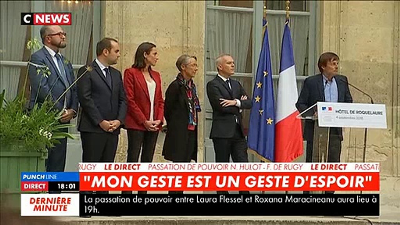 L'ancien ministre de l'Ecologie, Nicolas Hulot, les larmes aux yeux lors de la passation de pouvoir avec François de Rugy - VIDEO