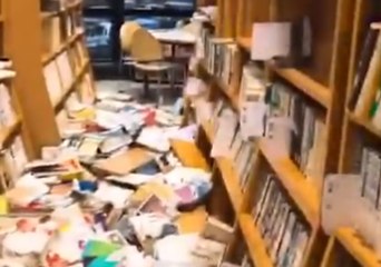 Library Books Piled on the Floor After Powerful Hokkaido Earthquake