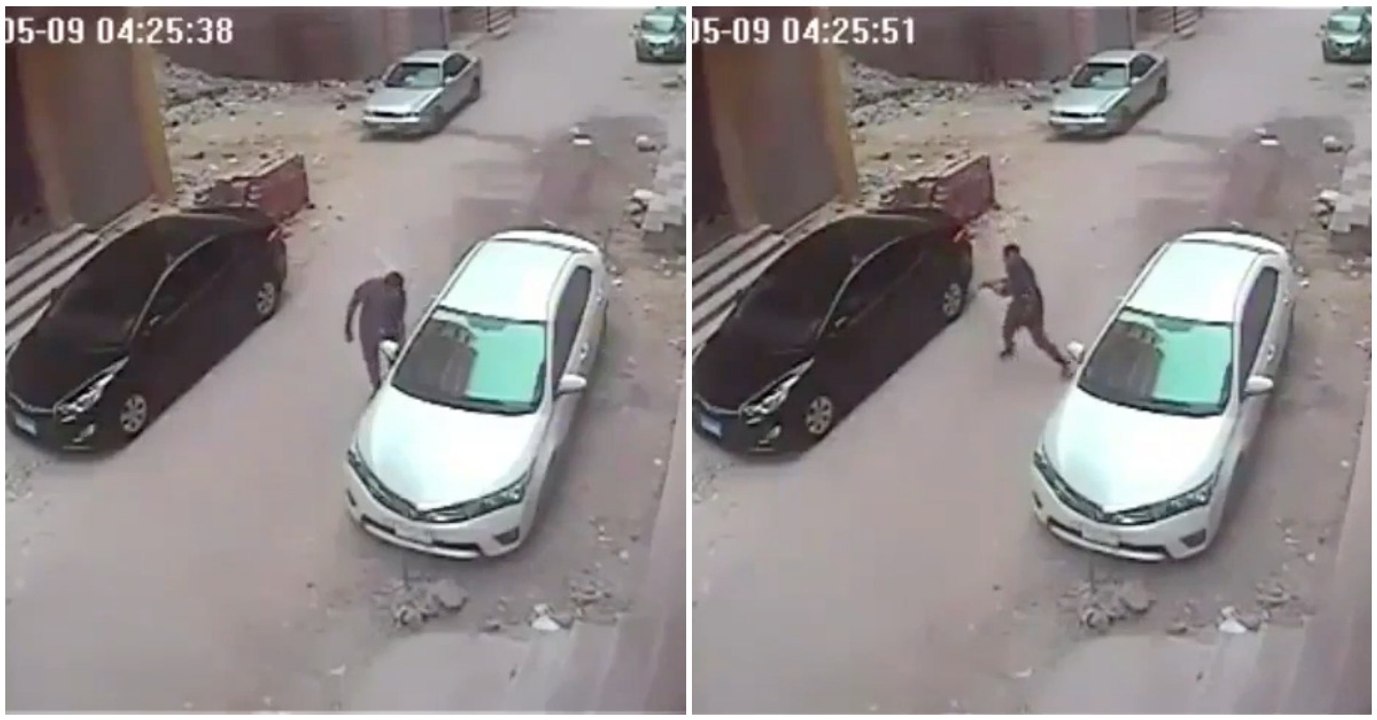 Dose de karma instantâneo para meliante que atirou pedra contra o vidro de um carro que queria assaltar