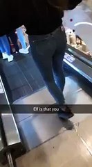 doing the splits over the escalator steps