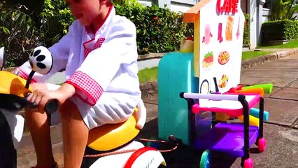 Child Vlad pretend play Toy Cafe on Wheels