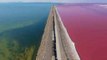 Drone Footage Captures the Great Salt Lake Train Cutting Through Pink and Blue Salt Water