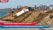 Trabzon’da deniz dolgusu çöktü 3 kamyon kıyıda asılı kaldı