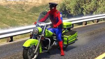 Moto de la policía y coches con el policía historieta del hombre araña para los niños y rimas infant