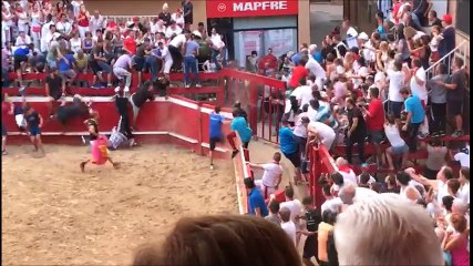 Un toro salta y escapa de la plaza de Villafranca (Navarra).