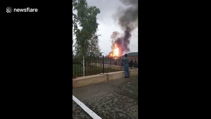 Filmer knocked off feet as gas explosion in Chechnya throws fireball into sky