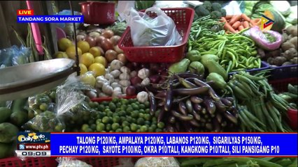 Talong P120/KG, ampalaya P120/KG, sigarilyas P150/KG, pechay 120/KG, sayote P100/KG, okra P10/tali, kangkong P10/tali, sili pangsigang P10