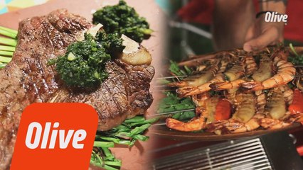 이게 묵은지 등에 업힌 새우 꼬치구이랑 티본 스테이크다!