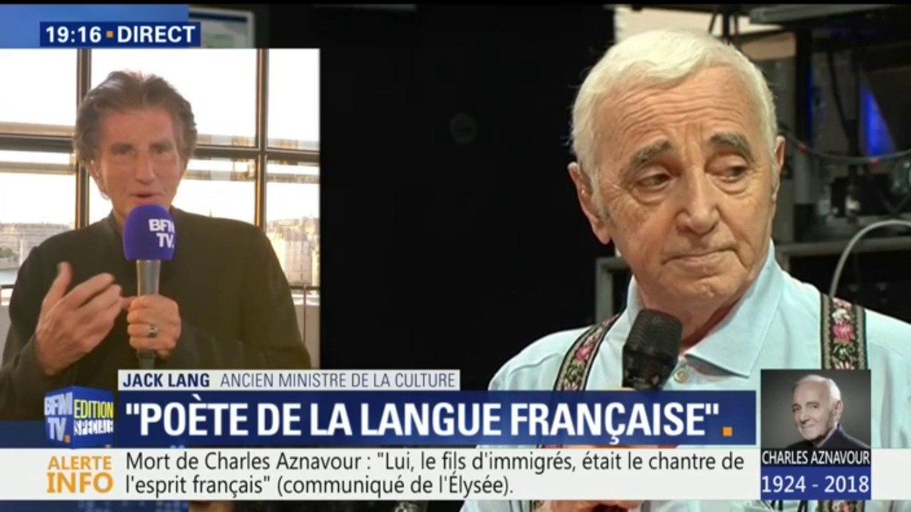 "Il était l'incarnation de l'amour de la langue française", évoque Jack Lang après la mort de Charles Aznavour