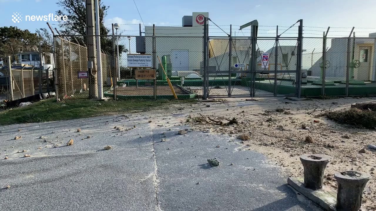Roads in Okinawa, Japan wrecked by Typhoon Trami
