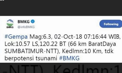 Pagi Ini, Gempa Bermagnitudo 5,2-6,3 Guncang Sumba Timur