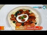 Receta de pavlova con flan de limón y frambuesas. Receta de comida fáciles y rápidas