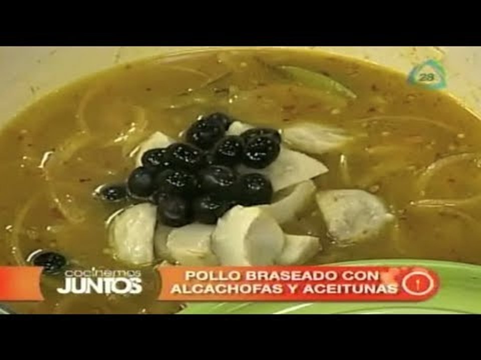 Receta de pollo braseado con alcachofas y aceitunas. Receta de comidas fáciles y rápidas