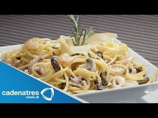 Receta para preparar linguini con champiñones y crema de parmesano. Receta de linguni