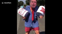 Man touts beer kegs, wears pants around ankles to poke fun at Kavanaugh during DC protests