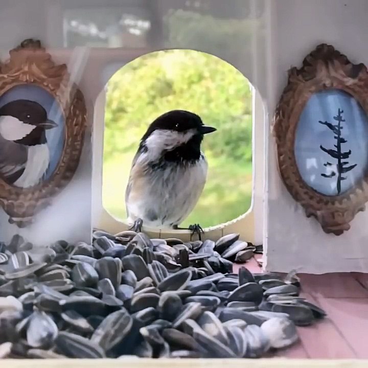 Trop mignon la maison de cet oiseau... remplie de graines !