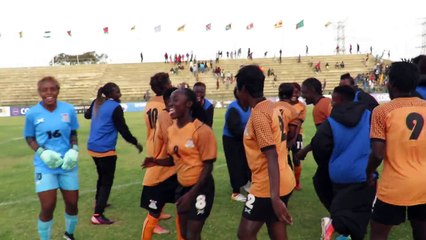ZAMBIA WOMEN TEAM PLAYERS DO A HAPPY DANCE AFTER DEFEATING CAMEROON 1-0 AT THE ONGOING COSAFA WOMEN CHAMPIONSHIP. LUSHOMO MWEEMBA'S LONG DRIVE IN THE 38TH MINUT