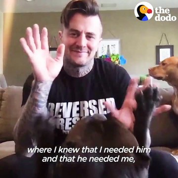 This pittie was bought for lots of money to be a show dog — he was kept in a crate until he was rescued and now he’s a total daddy’s boy