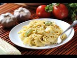 Spaghetti en crema de flor de calabaza con calabacitas y elote
