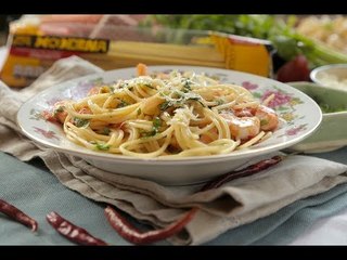 Spaghetti arrabiata con camarones