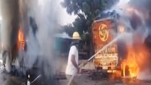 Truck Loaded with chemical catches Fire after collision in Ajmer, Watch Video | Oneindia News