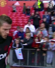 David De Gea leads the Reds out for the warm-up...