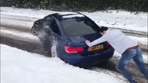 BMW 3 Series Gets Stuck In Snow & LAD Has to Push While Car is Sliding Everywhere - Snow Fail -
