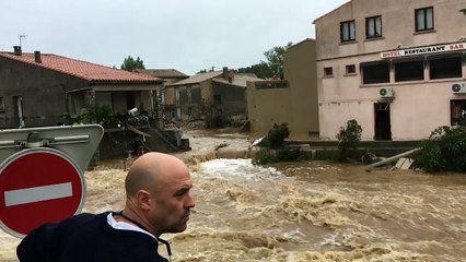 La ville de Villegailhenc (Aude) sous les eaux lundi 15 octobre 2018
