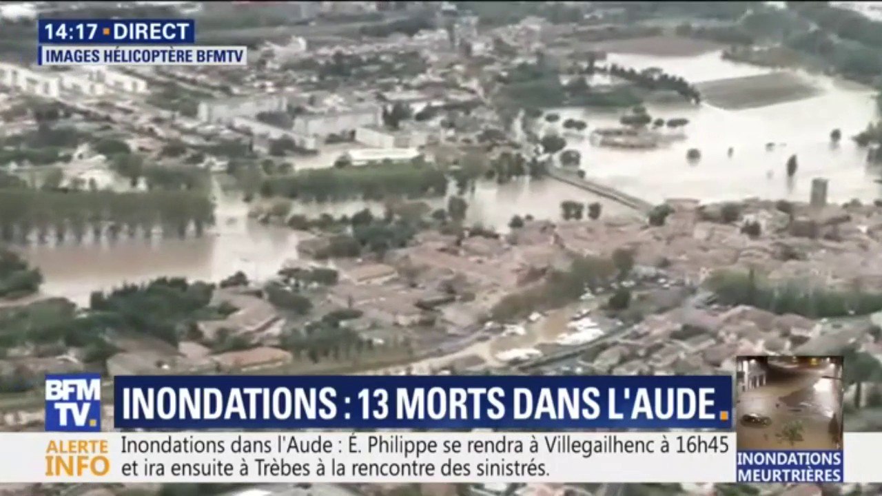 La ville de Trèbes, très touchée par les inondations dans l'Aude, observée depuis l'hélicoptère de BFMTV